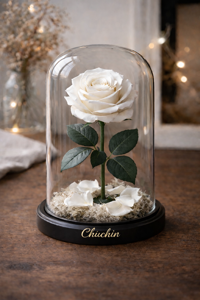 Rosa eterna blanca en capelo